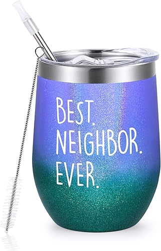 Qtencas Best Neighbor Ever Gifts - Vaso de vino aislado de acero inoxidable, el mejor regalo de Navidad para vecinos, regalos de inauguración de la