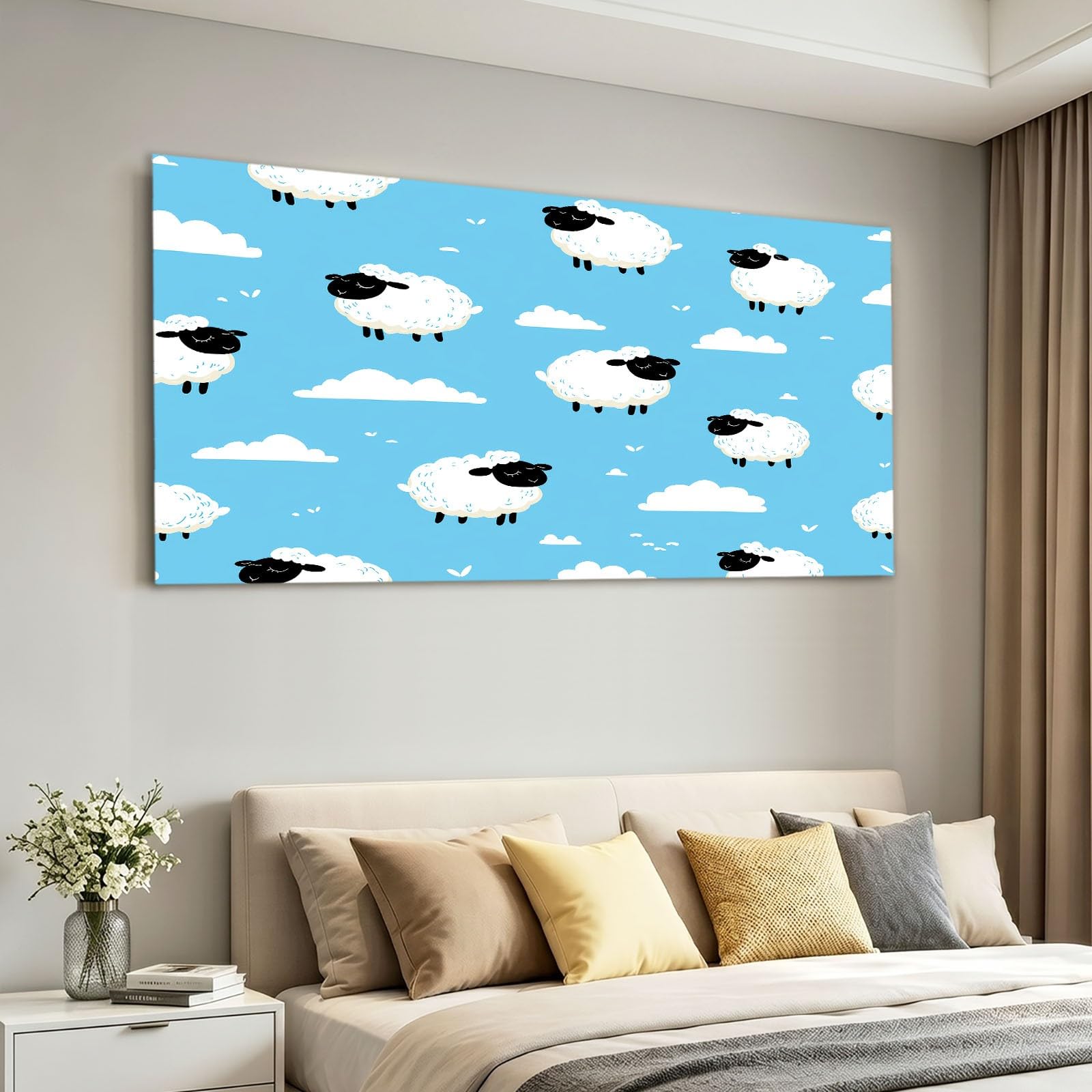 Générique Obraz z kreskówek do dekoracji ścian, obraz 120 x 80 cm niebieskie urocze zwierzęta owca chmura - plakaty artystyczne do salonu, sypialni, kuchni, biura