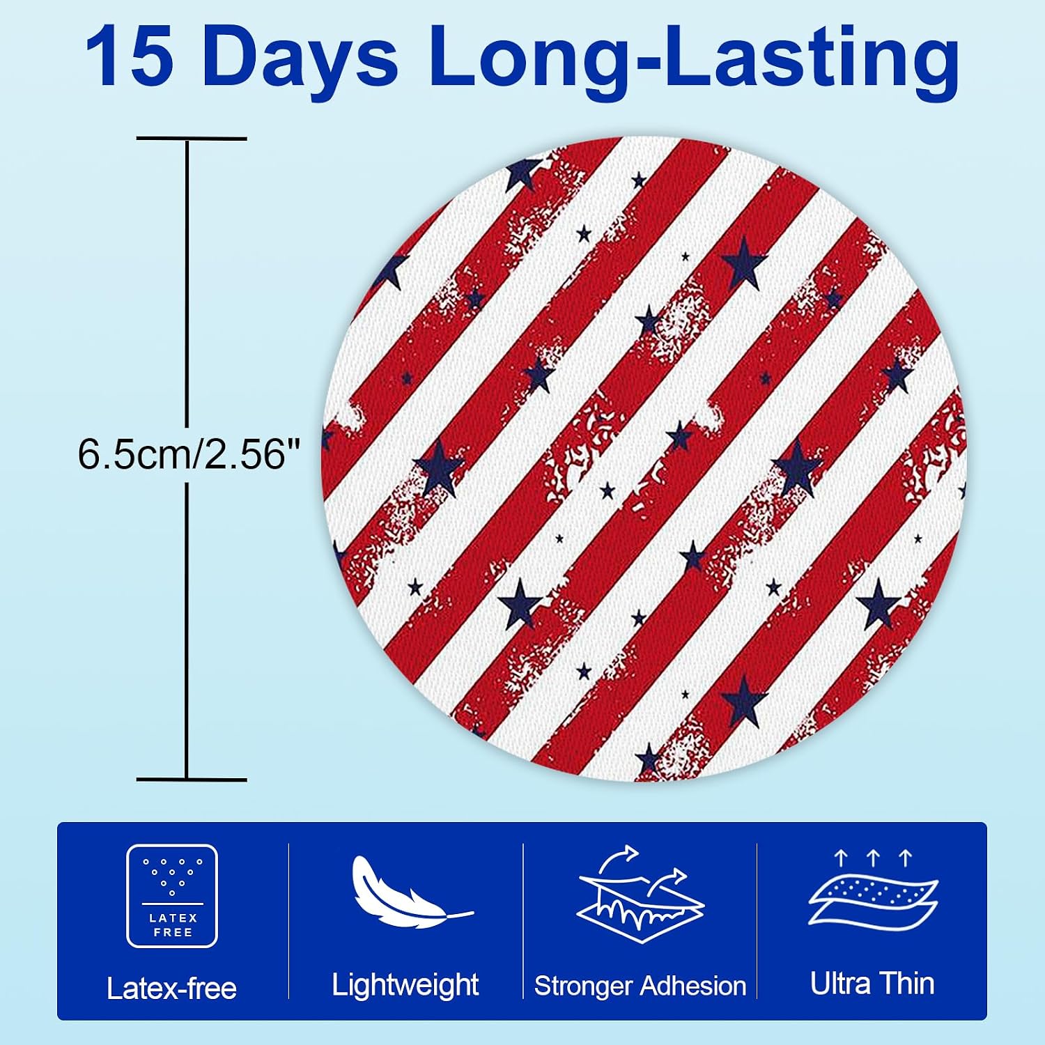 15Pack Libre 3 Plus Sensor Covers Waterproof, Patriotic Star Flag Print Pattern CGM Adhesive Patches for Libre 3 Without Hole, 15Days Long Stay Hypoallergenic & Latex-Free, Sweatproof image 4