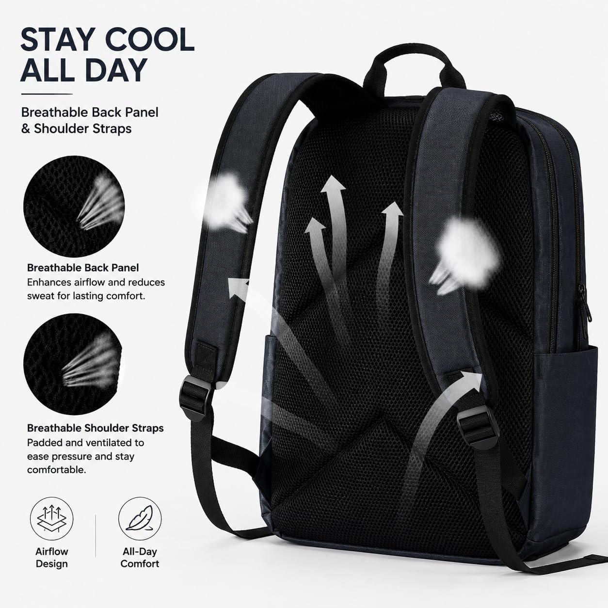Laptop Backpack for Women & Men, 15.6" Laptop and Tablet Bag with Tumbler Holder – Lightweight, Durable Travel & Work Backpacks, Navy image 3