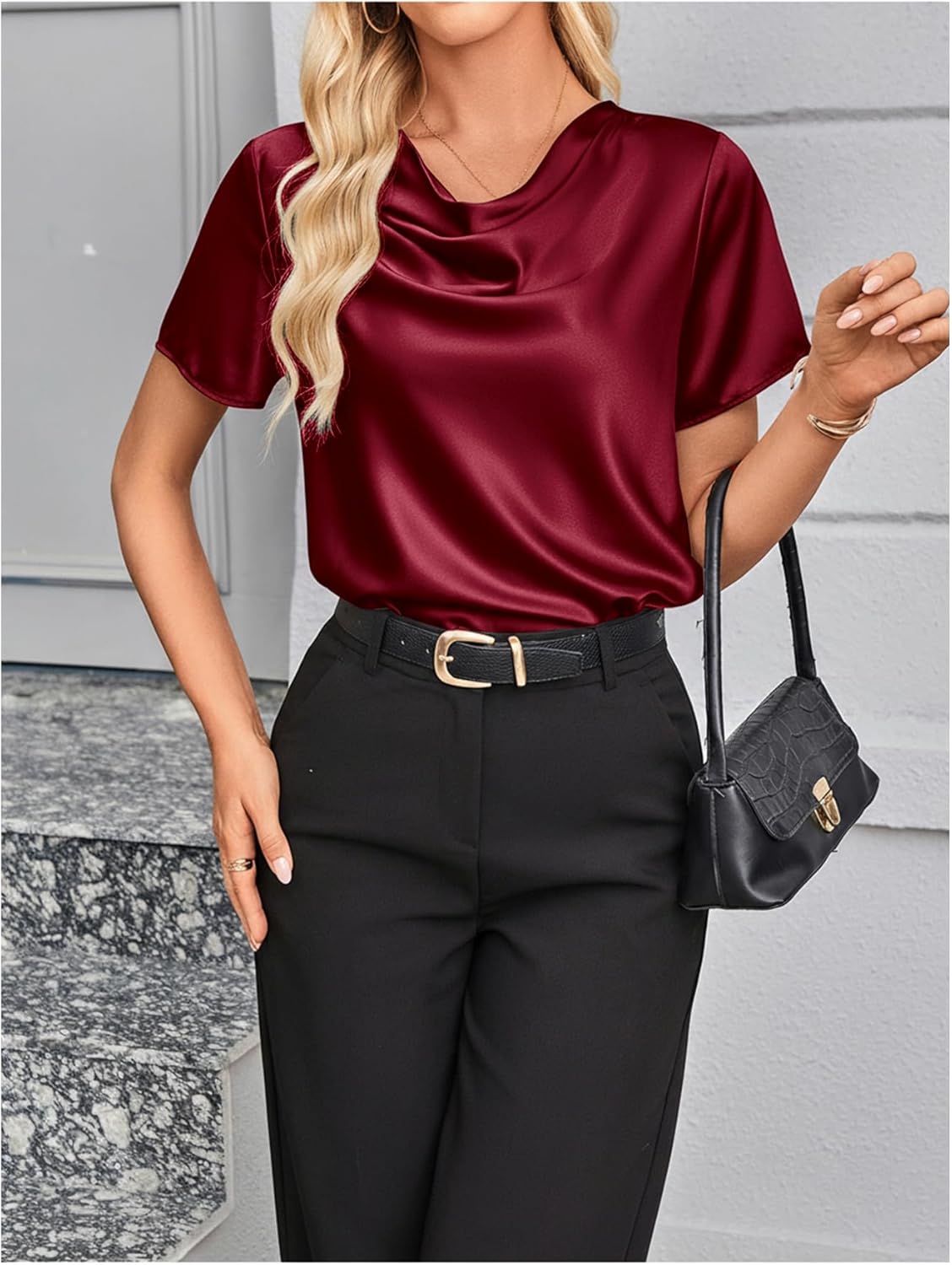 SweatyRocks Women's Draped Satin Blouse Short Sleeve Cowl Neck Dressy Work Shirts - Image 5