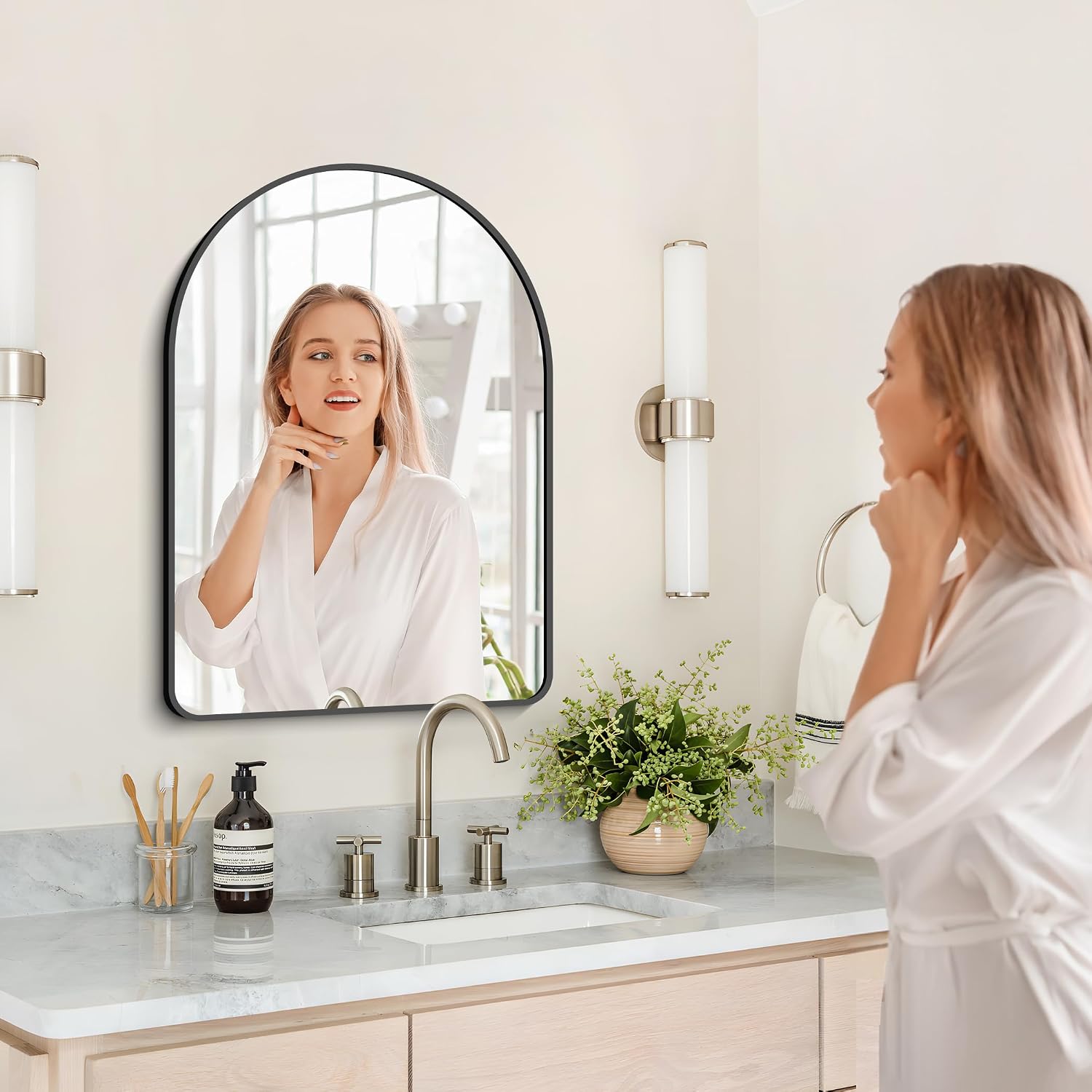 GLASHOM 20"x28" Black Arched Mirror for Bathroom, Wall Mounted Mirror, Aluminum Alloy Brushed Framed Wall Mirror, Anti-Rust, Large Mirror for Over Sink, Bedroom, Entryway Vertically Hanging image 4