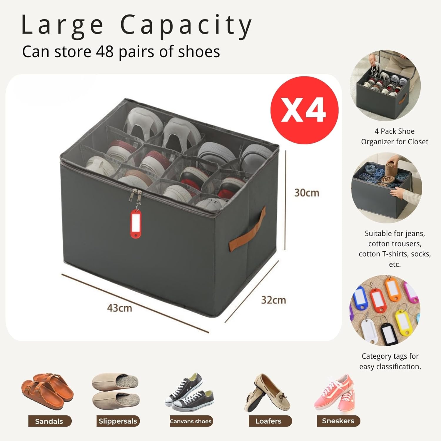 4 Pack Shoe Organizer for Closet, Large Shoe Box Storage Containers With Clear Cover, Lable and Sturdy Handles, Foldable Space Saving Shoes Box, Closet Shoe Storage, Fits up to 48 Pairs, Gray
