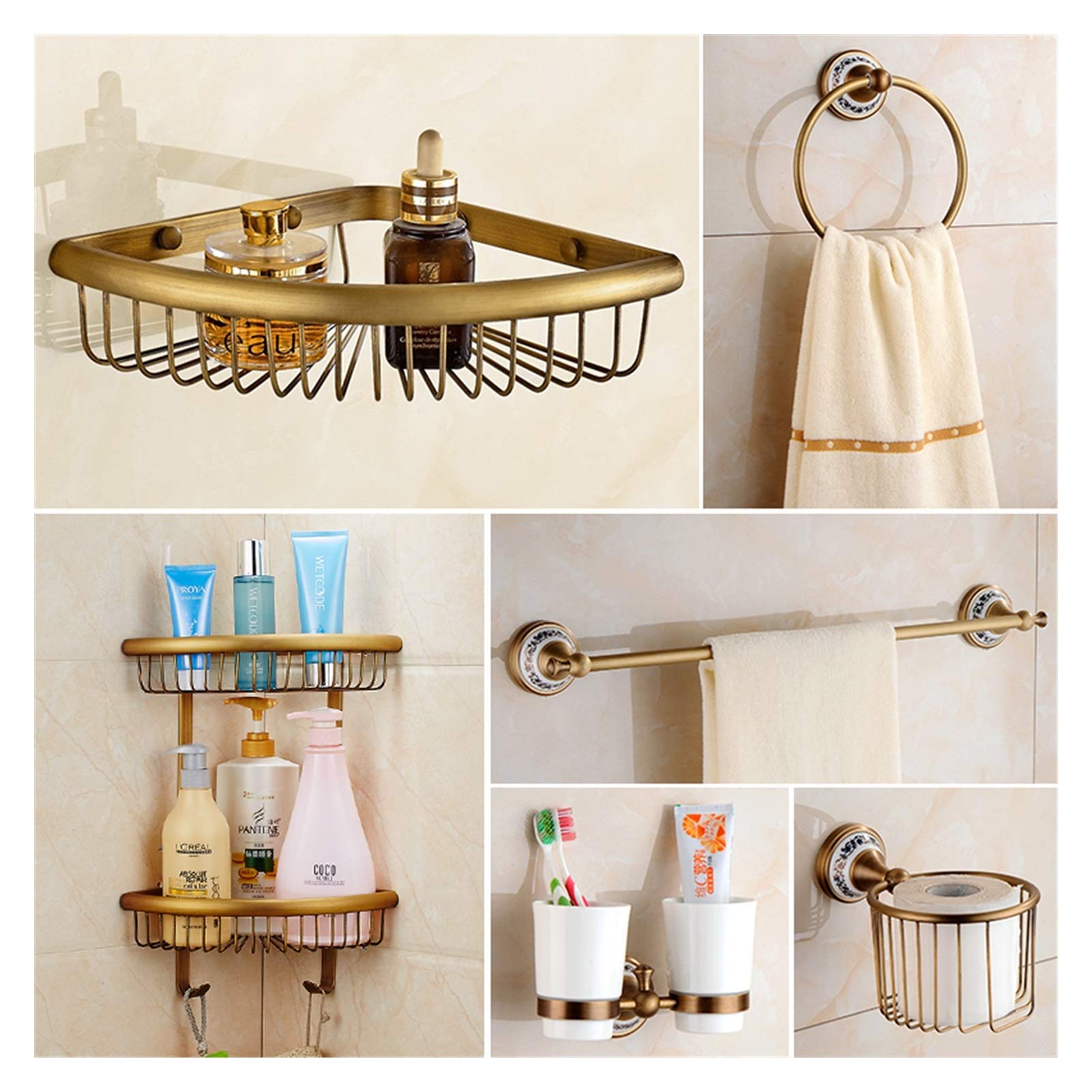 Set di accessori da bagno in bronzo anticato con ripiano per asciugamani, porta carta igienica, gancio Rove e prodotti da bagno in ceramica porta asciugatrice incluso
