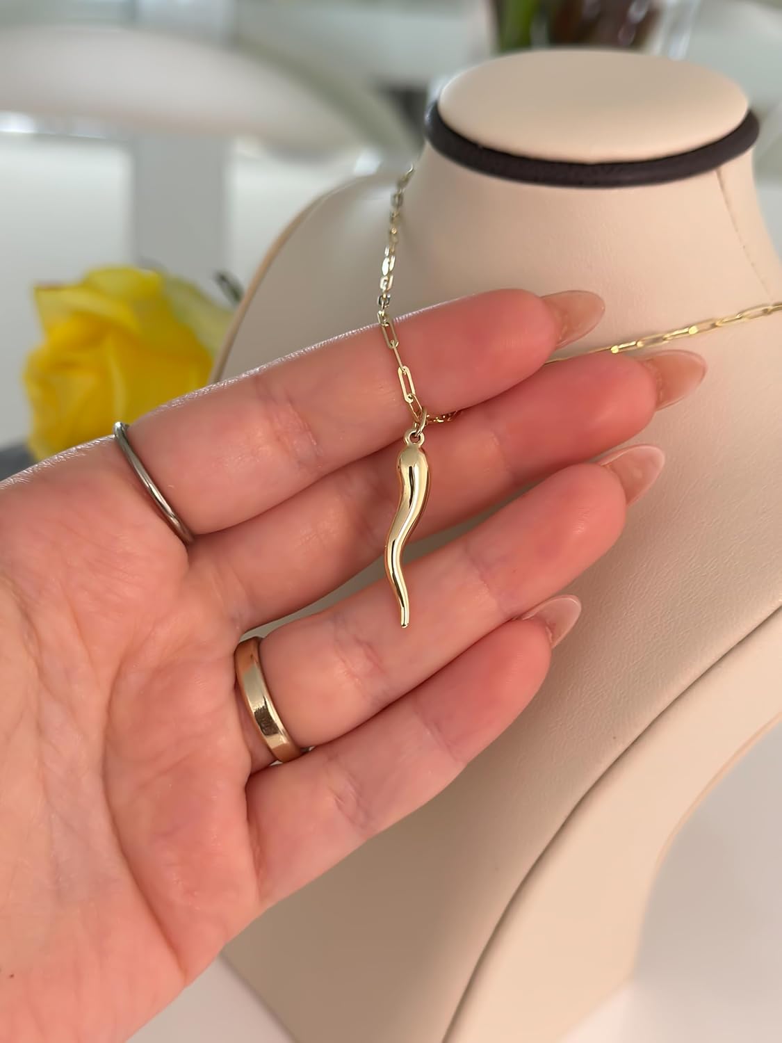 14K or 10K Solid Gold Horn Charm Hollow, Good Luck Charm, Cornetto, Cornicello Pendant, Yellow Gold Pepper for Him and Her, for Gifting Handmade in Italy, Hypoallergenic - Image 9