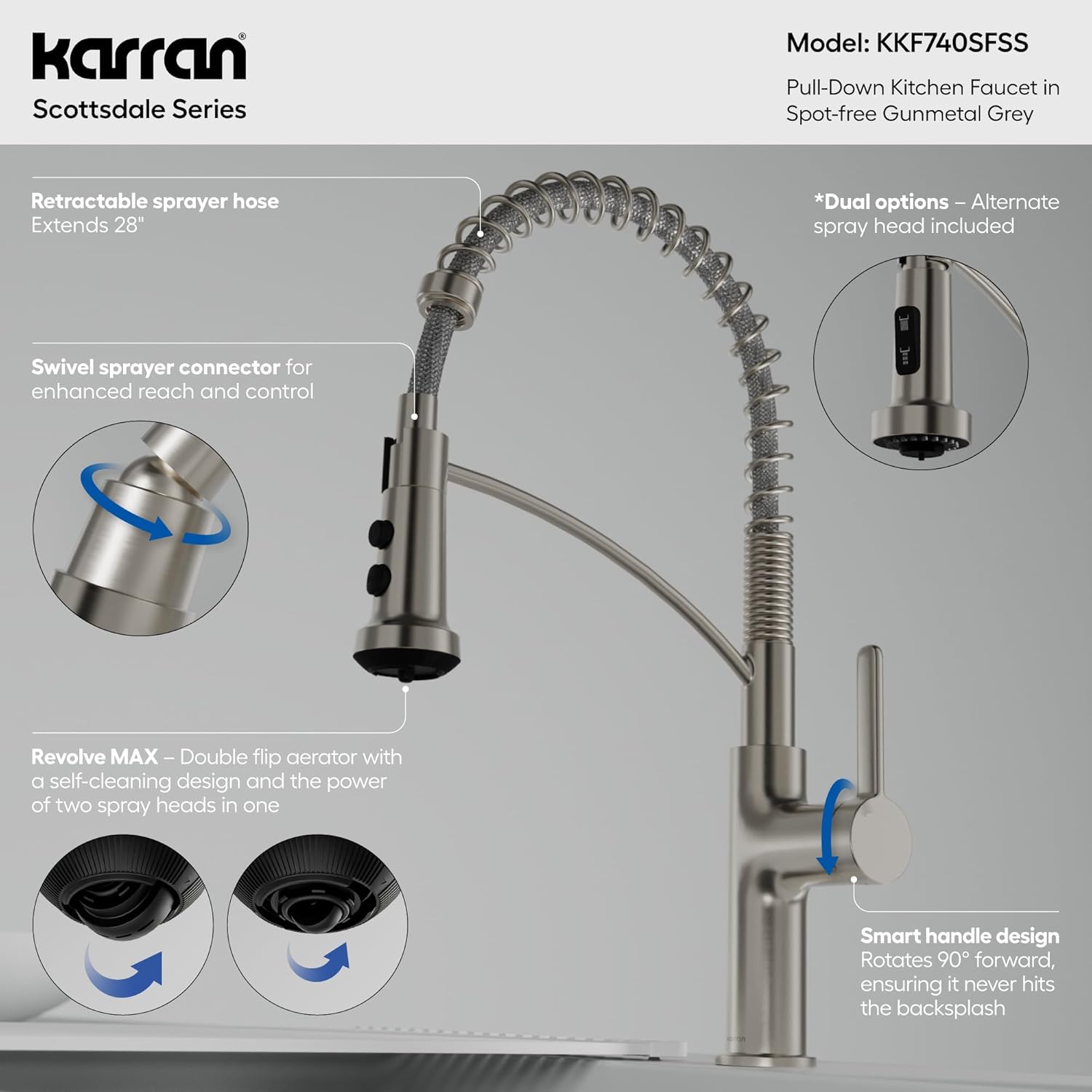 Karran Scottsdale Commercial-Style Pull-Down Kitchen Faucet, Single Handle High-Arc Design, Dual Interchangeable Spray Heads with 5-Function and 3-Function Options (Spot Free Stainless Steel)