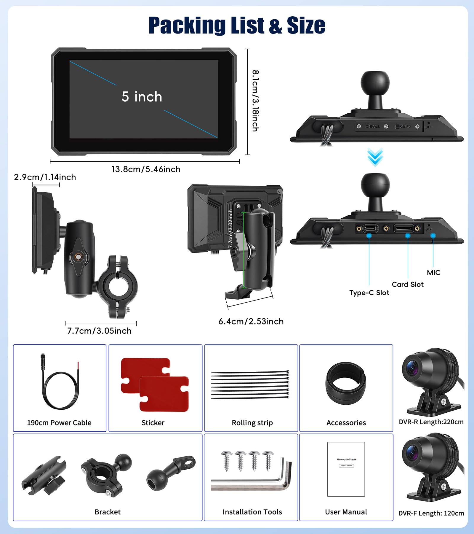 Carplay Moto 5 Pollici per Carplay Android Auto, Moto con Dashcam Anteriore Posteriore, GPS Dashcam Moto con APP, Navigazione GPS, Siri, G-oogle Assistant, Bluetooth, Impermeabile