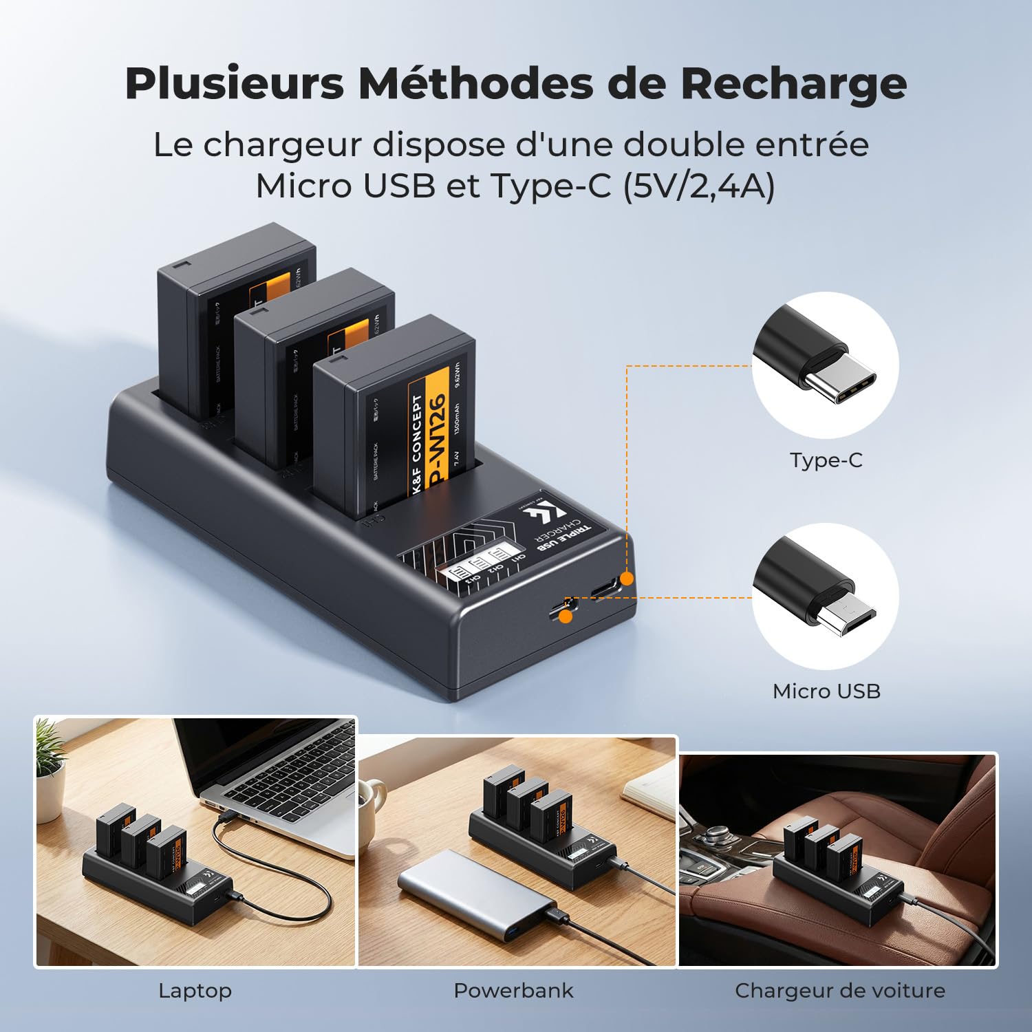 K&F CONCEPT NP-W126 NP-W126S Batterie et Chargeur à Trois Slot Compatible avec Fujifilm XM5, X100VI, X100V, XS10, XT30, XT30 II, XT20, XE4, XE5, A5,X Half(HF1)