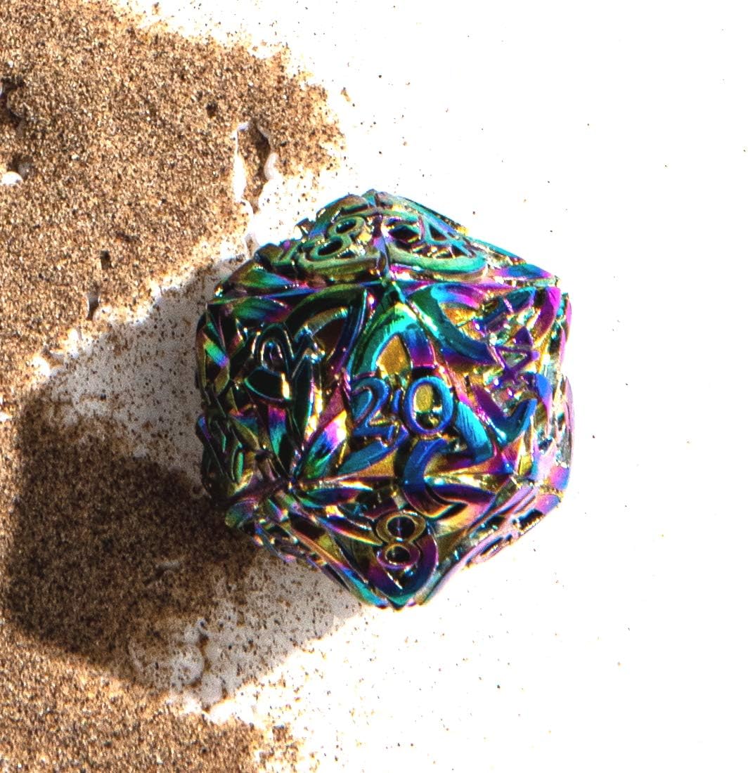 Endless Chaos Rainbow D20 Dice with Celtic Knots - Solid Metal, Extra Large, Extra Heavy - Perfect for DND, DnD5e, TTRPG, RPG, Polyhedral, Bard, Sorcerer, Wizard Dice