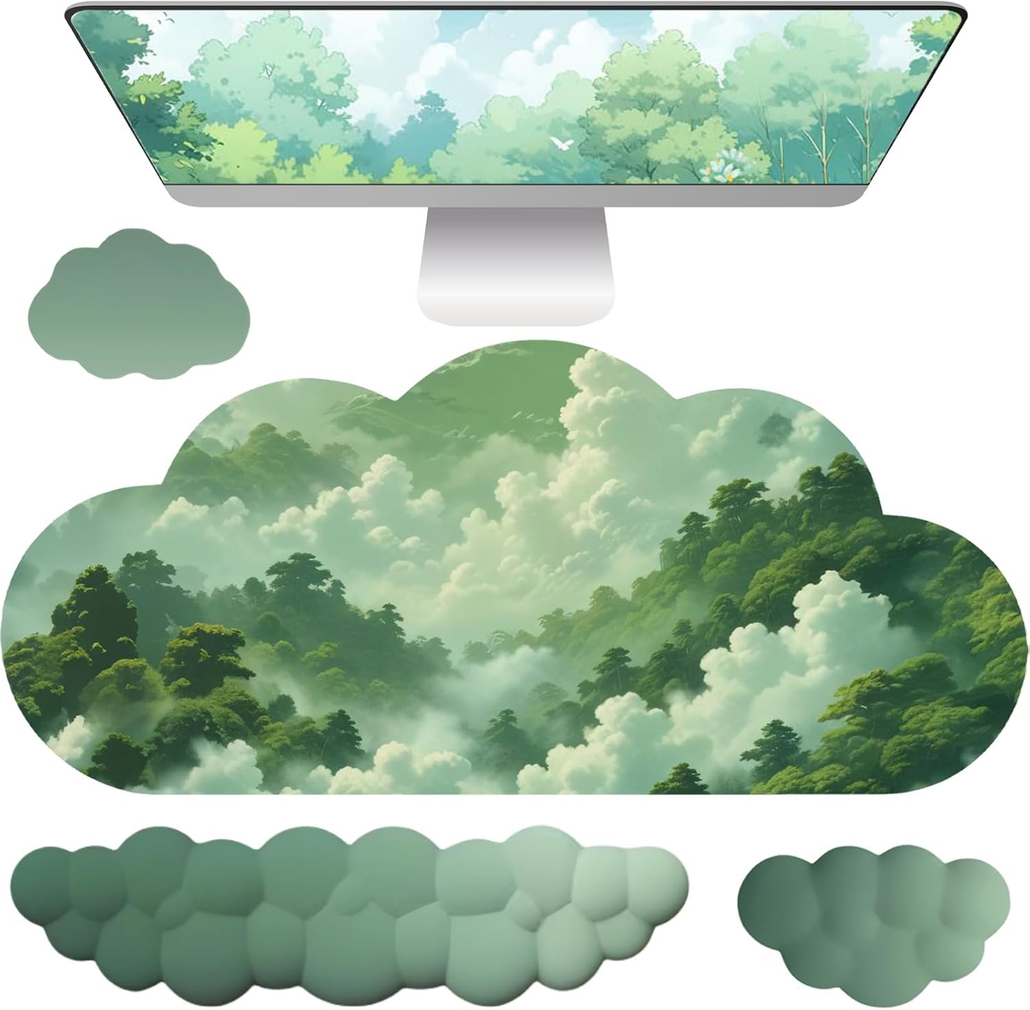 Cloud Mouse Pad Keyboard Wrist Rest for Mouse 4PCS Extended Large Desk Mat Pad Set Memory Foam Non-Slip Cute Ergonomic Gaming Mouse Wrist Support for Computer Home Office Mountain Forest Green