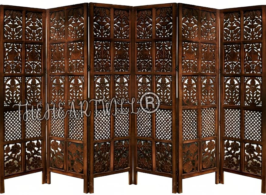 Image of THEHEARTWILL Partition Wall Divider | Wooden Partition for Hall, Living Room, Open Kitchen & Pooja Room | Room Divider 6 Panel | Room Separator (Brown-x6)