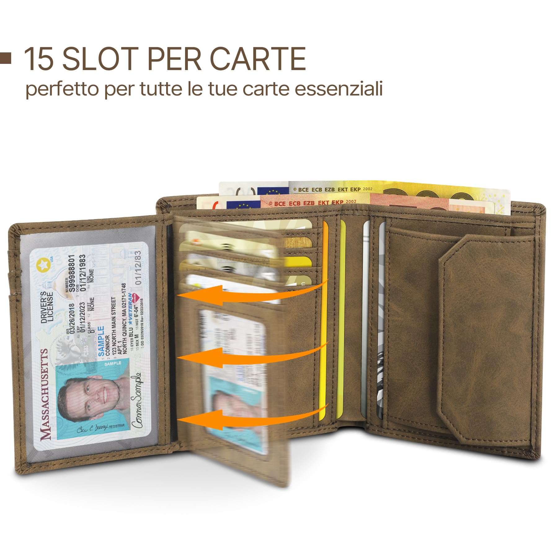 TENBST Portafoglio Uomo RFID Blocking Pelle con 13 Porta Carte di Credito, 1 Finestra ID & Slot per Foto, Portamonete, 2 Scomparti Banconote, Regalo Uomo (Marrone)