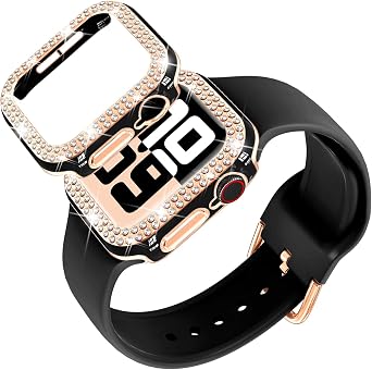 DABAOZA Compatible for Apple Watch Bands 42mm with Bumper, Bling Glitter Women Silicone Soft Comfortable Strap for iWatch SE Ultra 3 2 Series 11 10 9 8 7 6 5 4 3 2 1Black Rosegold,42/S11
