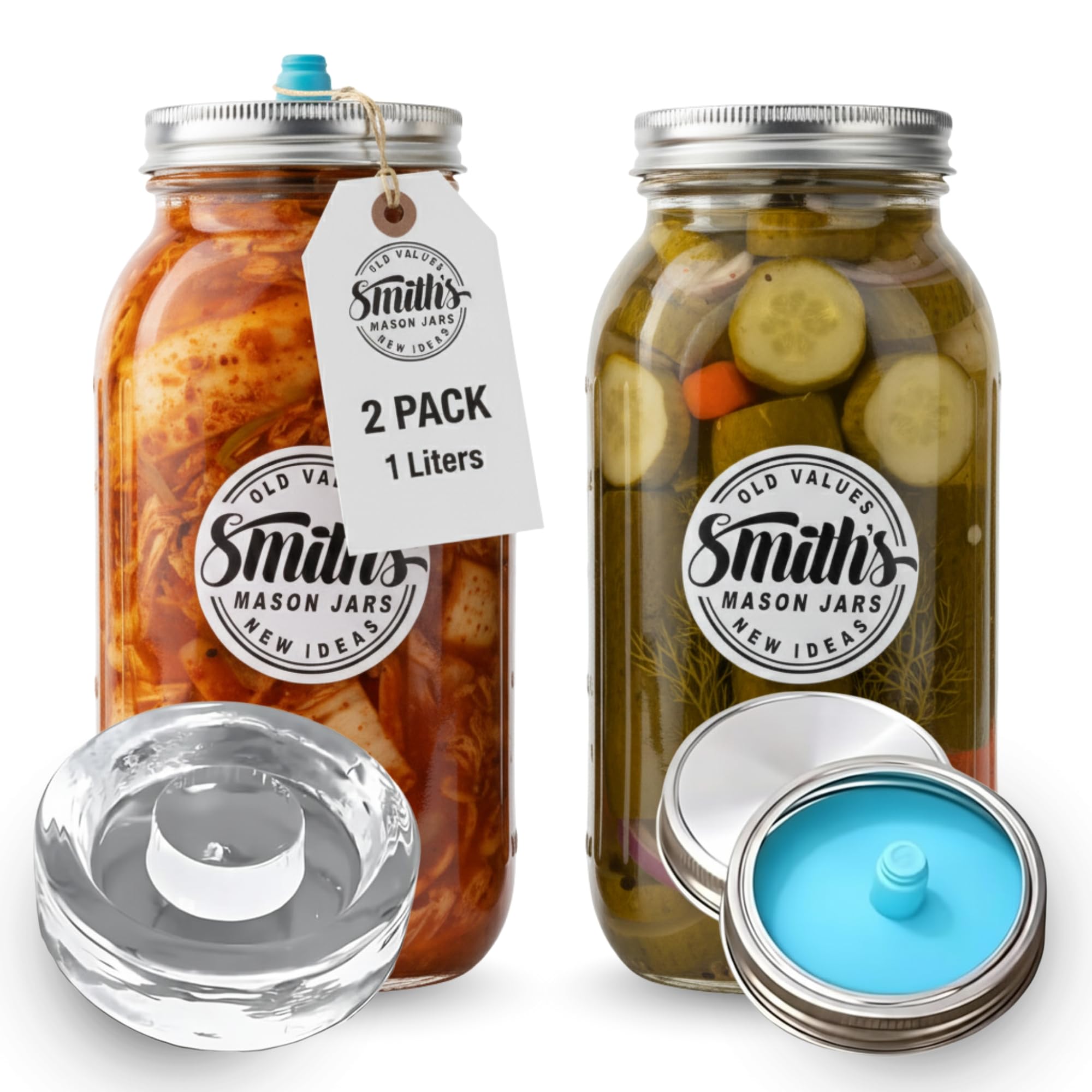 Smiths Fermentation Jars 1L – 2 Pack Glass Fermenting Jars with Airlock (1 Gas-Release Lid & 1 Storage Lid) – Used as Kimchi Container, Pickles, Kefir Jar, Kombucha, & Sauerkraut Fermentation Jar