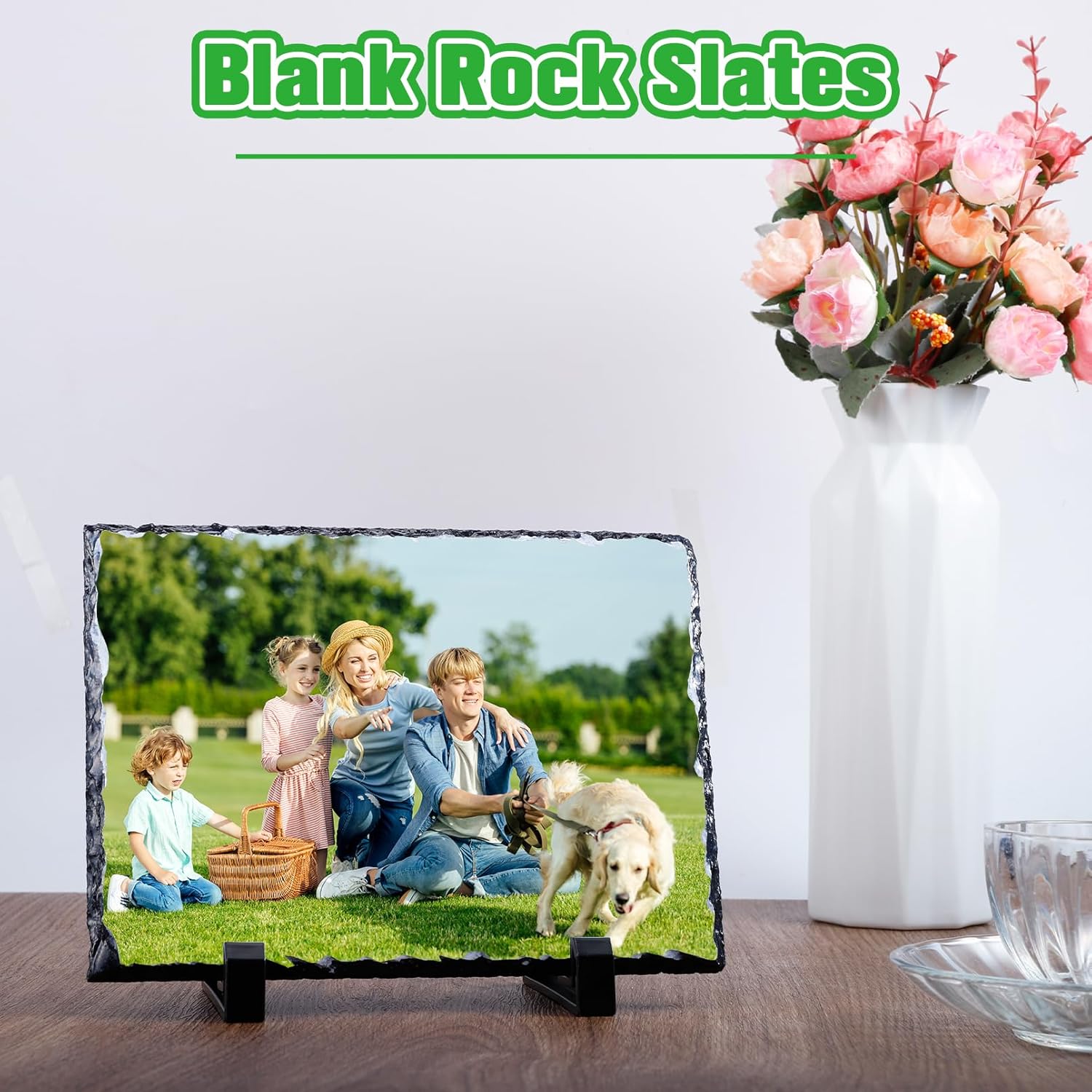 Jeffbaubl 6Pcs Sublimation Slate Blanks, 7.5x5.5In Heat Transfer Rock Photo Plaque, Rock Stone Photo Frames with Display Stand, Rectangular Picture Stone Frame for DIY Personalized Wedding Birthday