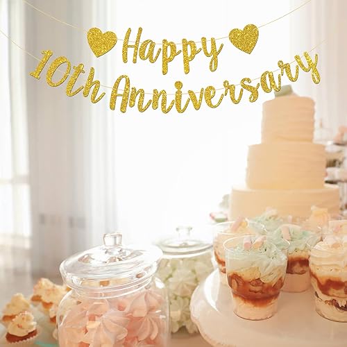 Miniatura 5 de Talorine Cartel de feliz décimo aniversario, aniversario de boda, 10º cumpleaños, decoración de fiesta de 10 años (purpurina dorada)