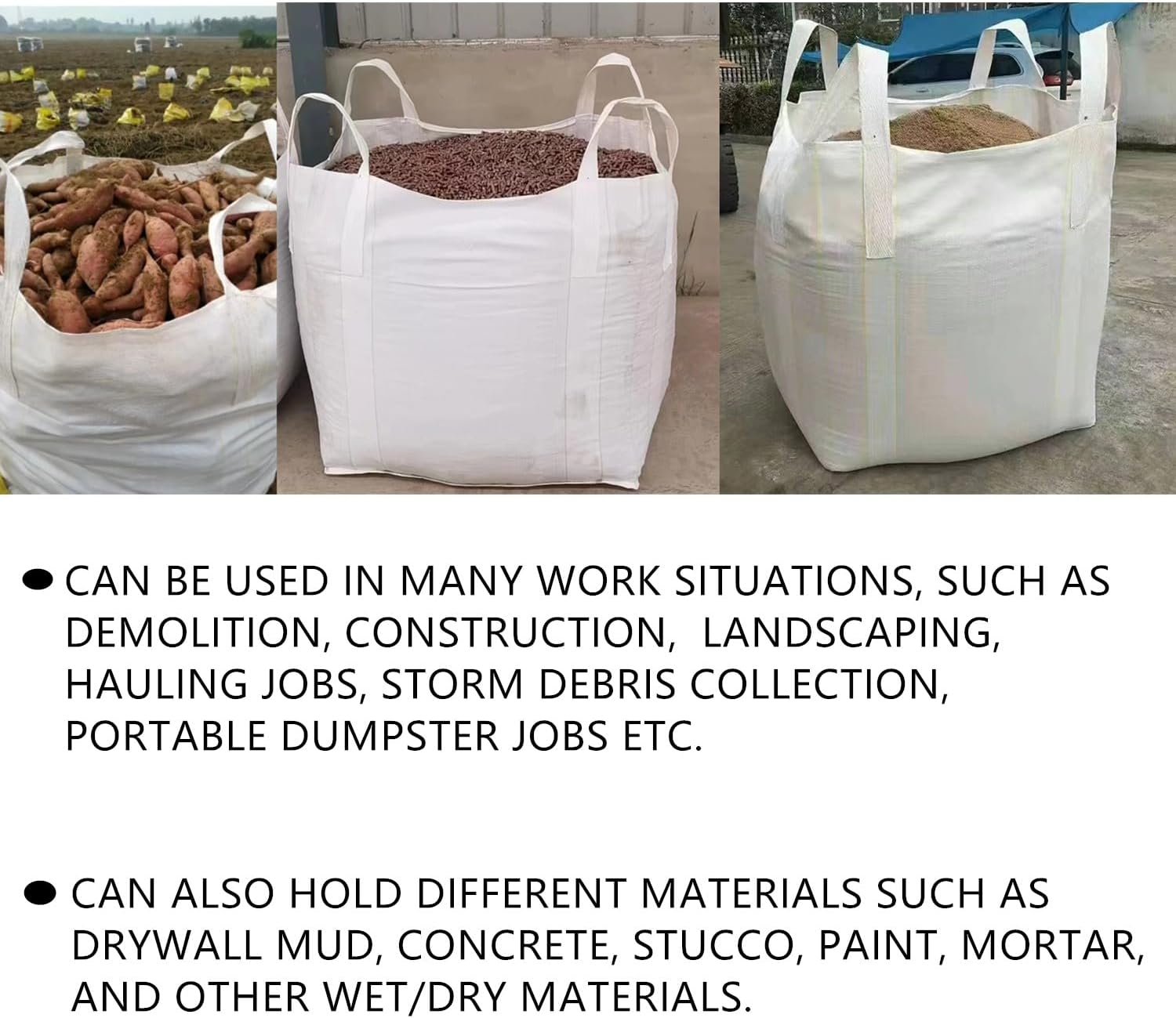 FIBC Bulk Bags, 35x35x43 inches, 2200 lbs Capacity, White, Pack of 10, Heavy Duty Builder Industrial Sack, UV Protection, Open Top, Flat Bottom, 35 Cu Ft, Construction bag