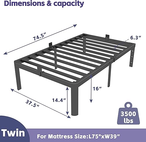 Miniatura 2 de Base de cama individual de 16 pulgadas, marco de cama individual de metal, no necesita somier, soporte de acero resistente de 3500 libras, orificios