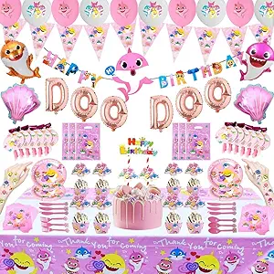 235 PCS Baby Shark Birthday Decorations for 20 Guests, Pink Baby Shark Party Supplies for Girl, include Tableware, Happy Birthday Banner, Baby Shark Balloons, Cake Topper, Blowouts