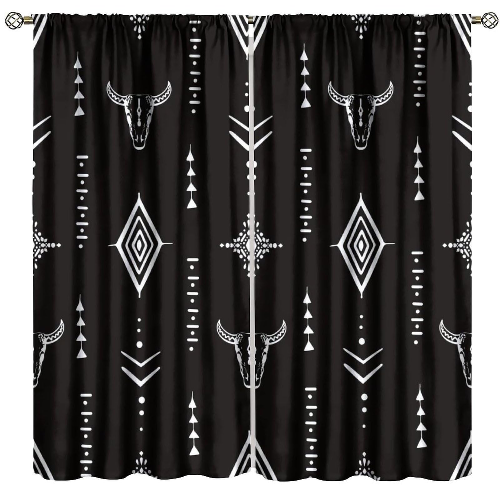 Nanacur Aztec Tribal Blackout Curtains, Western Bohemian Bull Skull Vintage Rustic Black Cow Print Window Drapes, for Living Room Bedroom 26(W)*84(L)