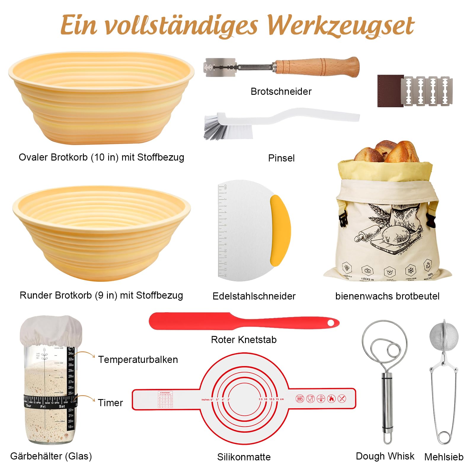Juego de iniciación de masa fermentada, 16 piezas, cesta de fermentación, 2 cestas de fermentación, 1 herramientas de masa de vidrio, accesorios perfectos para hornear pan para panaderos profesionales