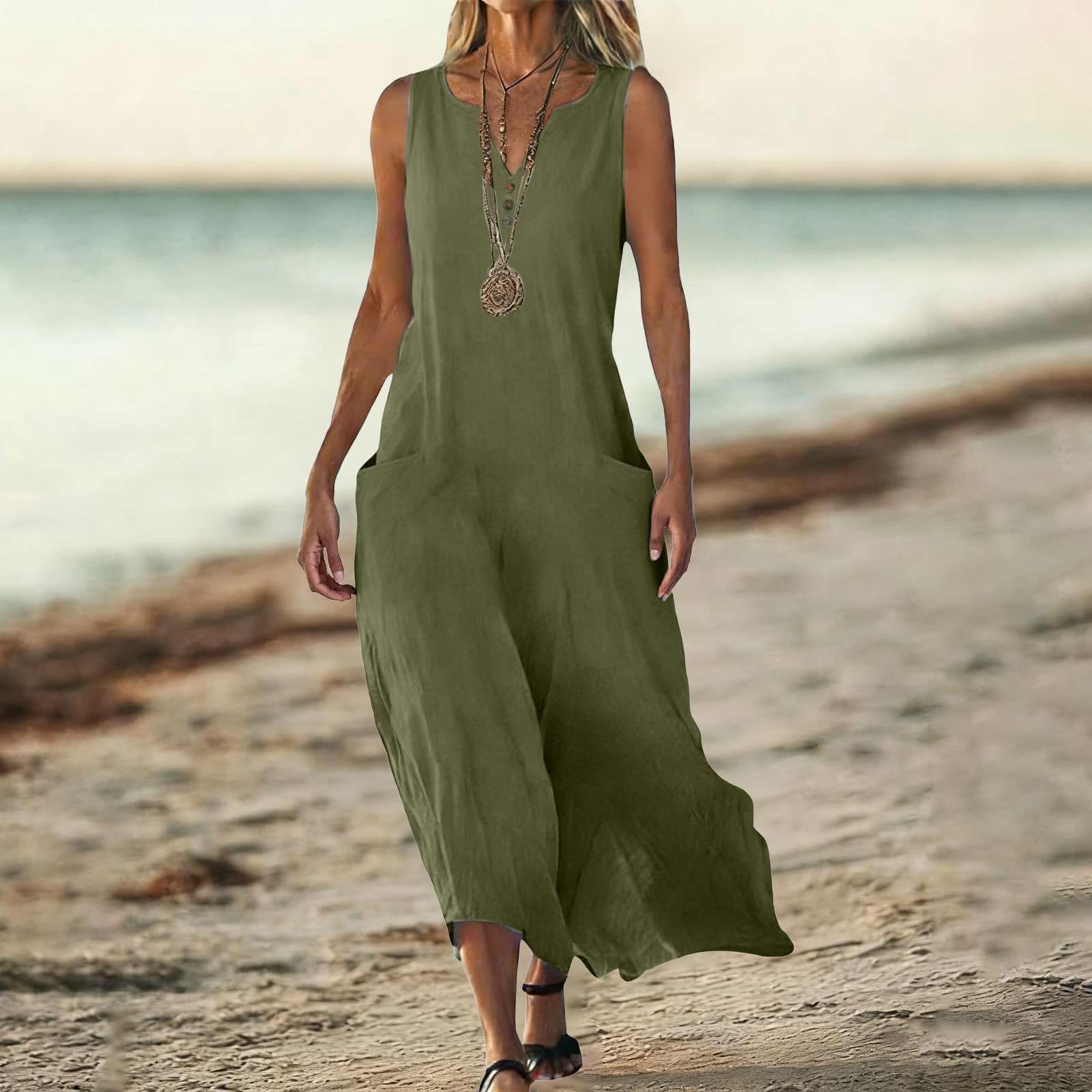 Robe de plage pour femme - Longueur genou - Mini tunique bohème - Robe de plage unie en lin - Sans manches - Avec poches et boutons décoratifs - Col en V - Robe de loisirs pour les vacances et la vie
