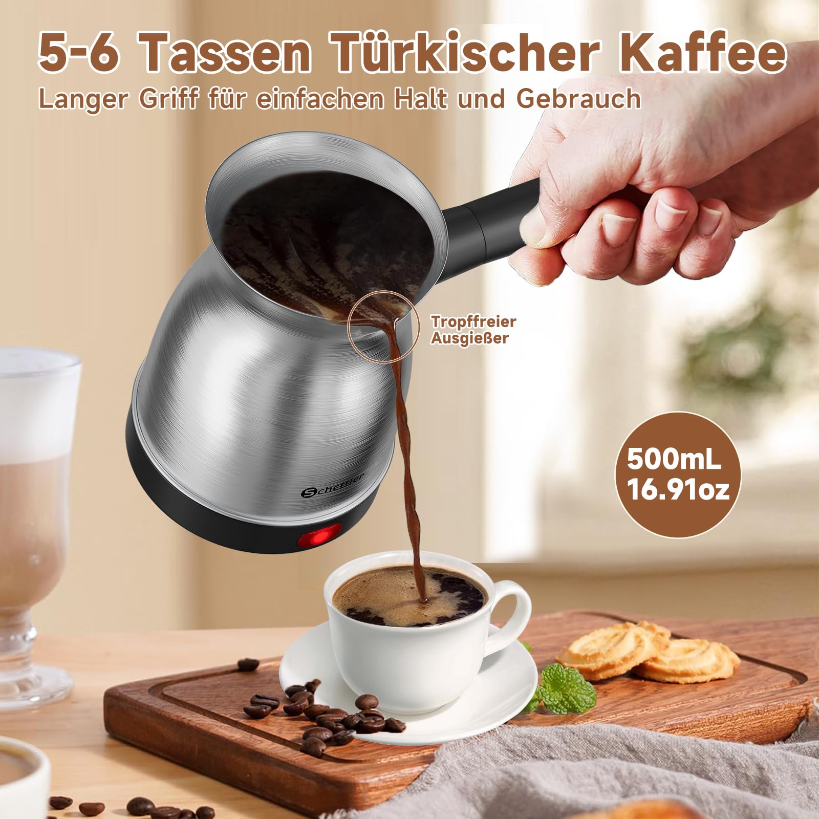 Scheffler Turecki ekspres do kawy elektryczny 500 ml | 800 W, stal nierdzewna, dzbanek do kawy mokka, do domu, biura, podróży