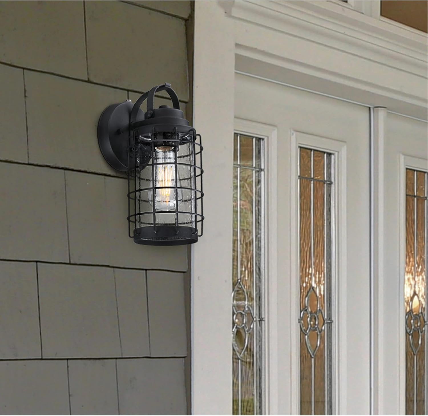 Westinghouse 6122300 Jupiter Point Vintage-Style One Light Outdoor Wall Fixture with Dusk to Dawn Sensor, Textured Black Finish, Clear Seeded Glass