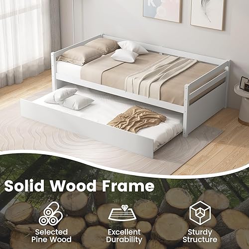 Miniatura 5 de KOMFOTT Cama individual con nido, marco de sofá cama de madera con nido, marco de sofá cama no necesita somier, cama nido tamaño individual para