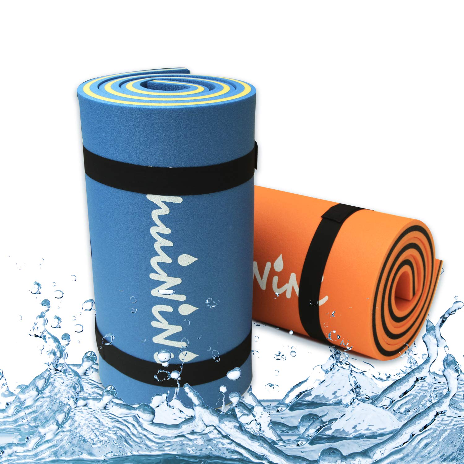 Floating Water Pad Mat, with Rolling Pillow Design, Bouncy Tear-Resistant 3-Layer XPE Foam, Roll-Up Floating Island for Pool Lake Ocean Boat, Unlimited Fun! (Blue-Yellow-Blue, 83 * 24 inch)