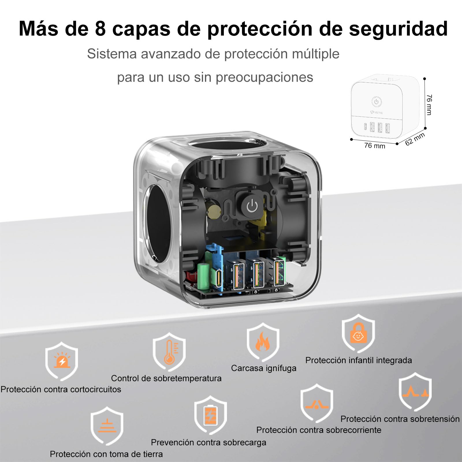 VEFVE Ciabatta con cavo, 7 in 1 cubo, presa multipla con USB C 20 W, 3 prese, 1 USB-C e 3 USB-A, 3680 W con interruttore, cavo di prolunga da 5 m