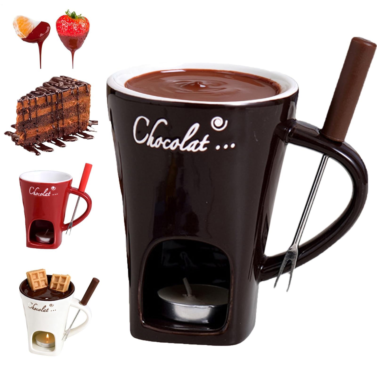 Chocolate Fondue Mug with Forks - 130ml Chocolate Melting Cup, Ceramic Butter Warmers Pot Set, Personal Cheese Melting Cup, Fondue Heated with A Tealight, Warmer Mug for Candy Snack Caramel Party