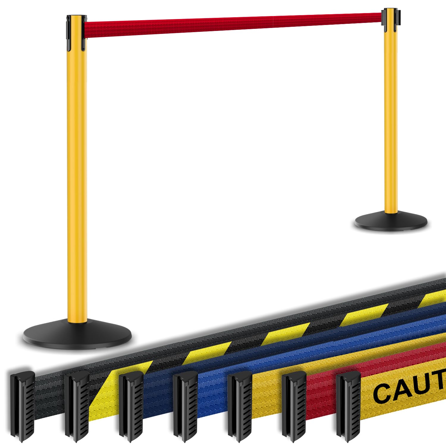 Prime 10' Long Outdoor Weather Resistant Retractable Belt Stanchion 2 Pk, 40” Tall No-Tools Assembly Crowd Control Barriers (Yellow Alumnium Post w/Red Belt)