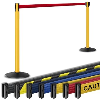 Outdoor Commercial-Grade Stanchion 2-Pack by Visiontron- RETRACTA-Belt Prime HD PHD101YA 10 Retractable Belt Barrier-Cast Iron Base Crowd Control Barrier Yellow Aluminum Post w/Red Belt