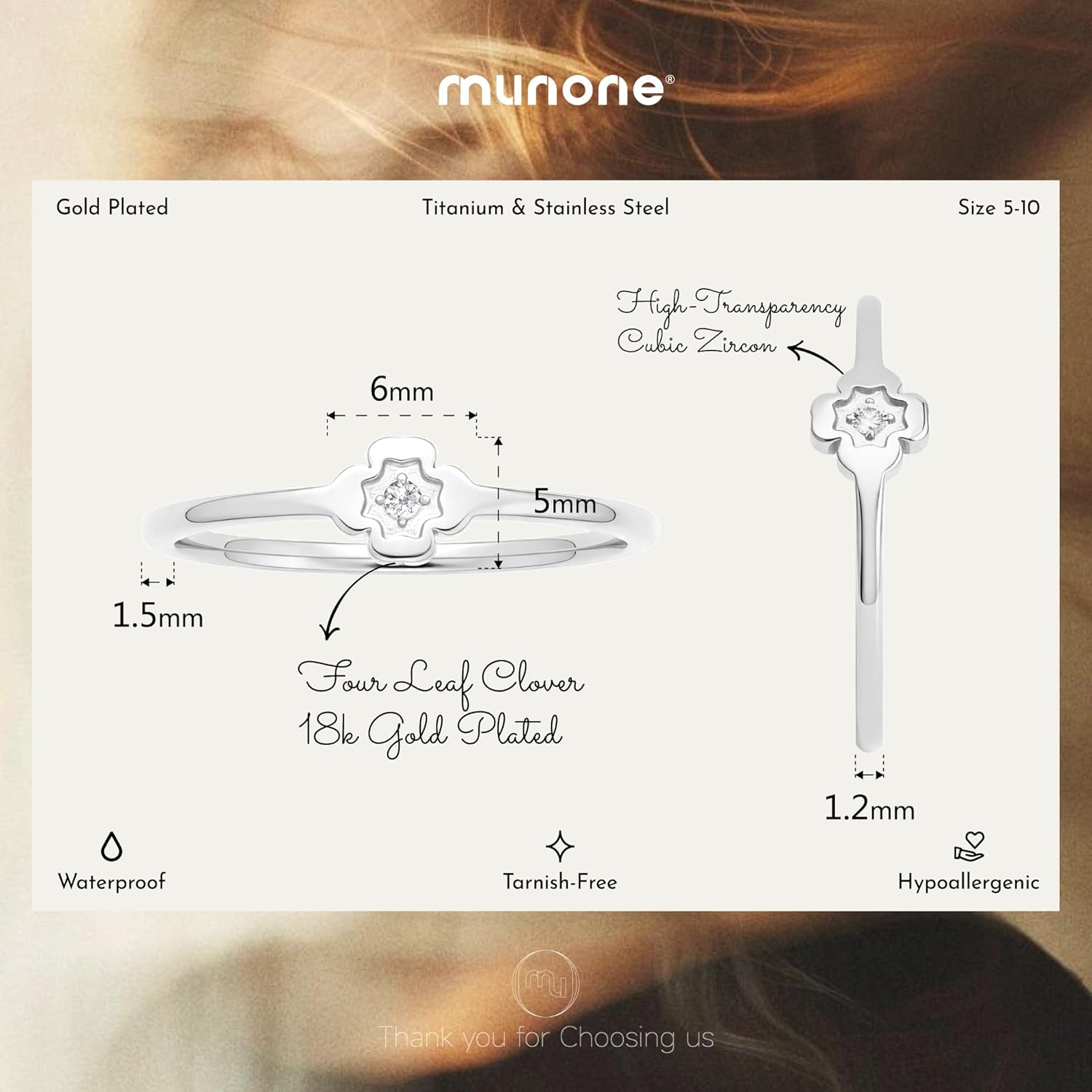 1mm Clover Rings for Women Men, 18k Gold Plated Titanium Cubic Zirconia Minimalist Fashion Dainty Ring - Image 2