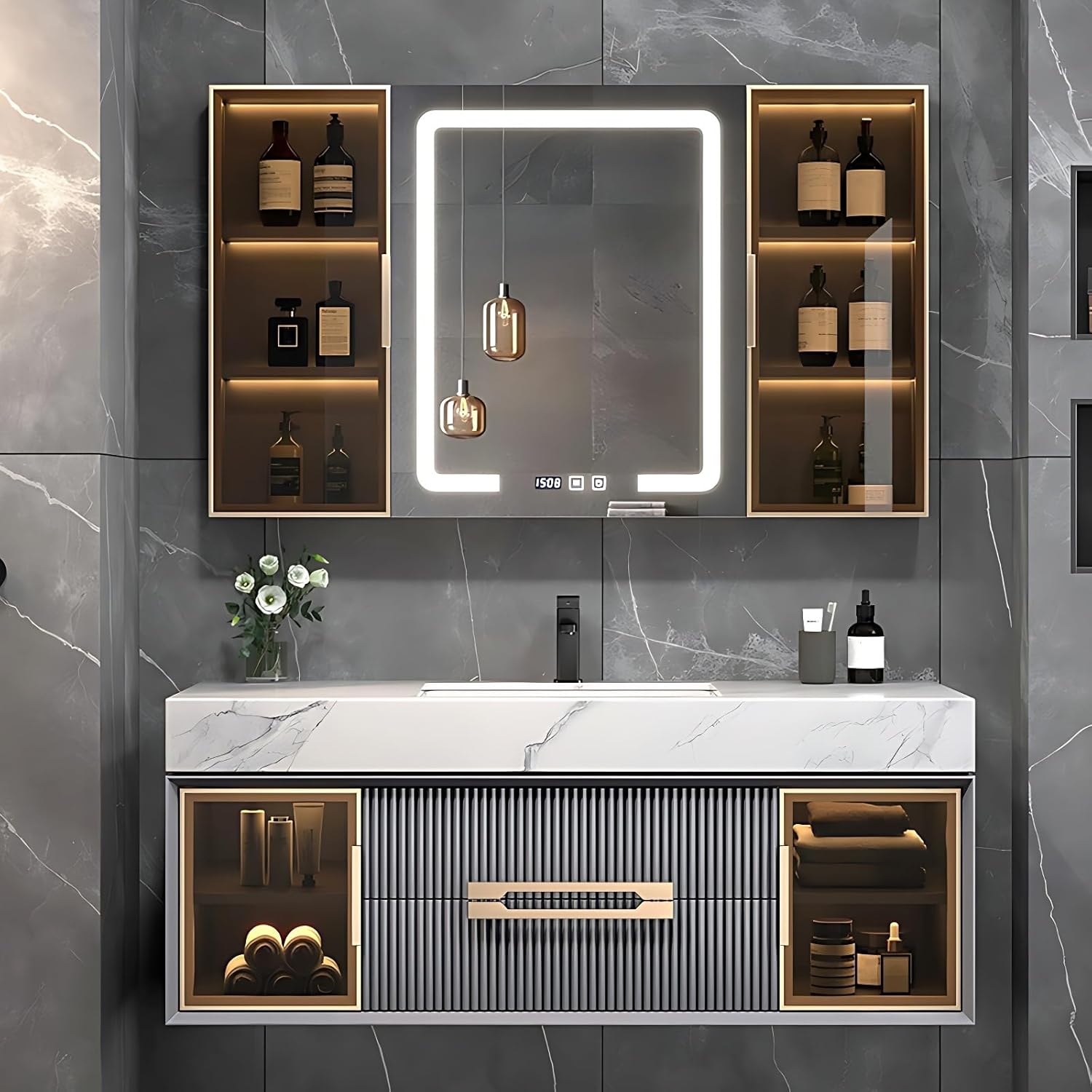 36IN Wall-Mounted Bathroom Vanity Set - Large Capacity Storage Space & 2 Drawers | Grey Bathroom Cabinet with Sink including Defogging & Surround LED Light, Rectangular Drawer Handles (Style B)