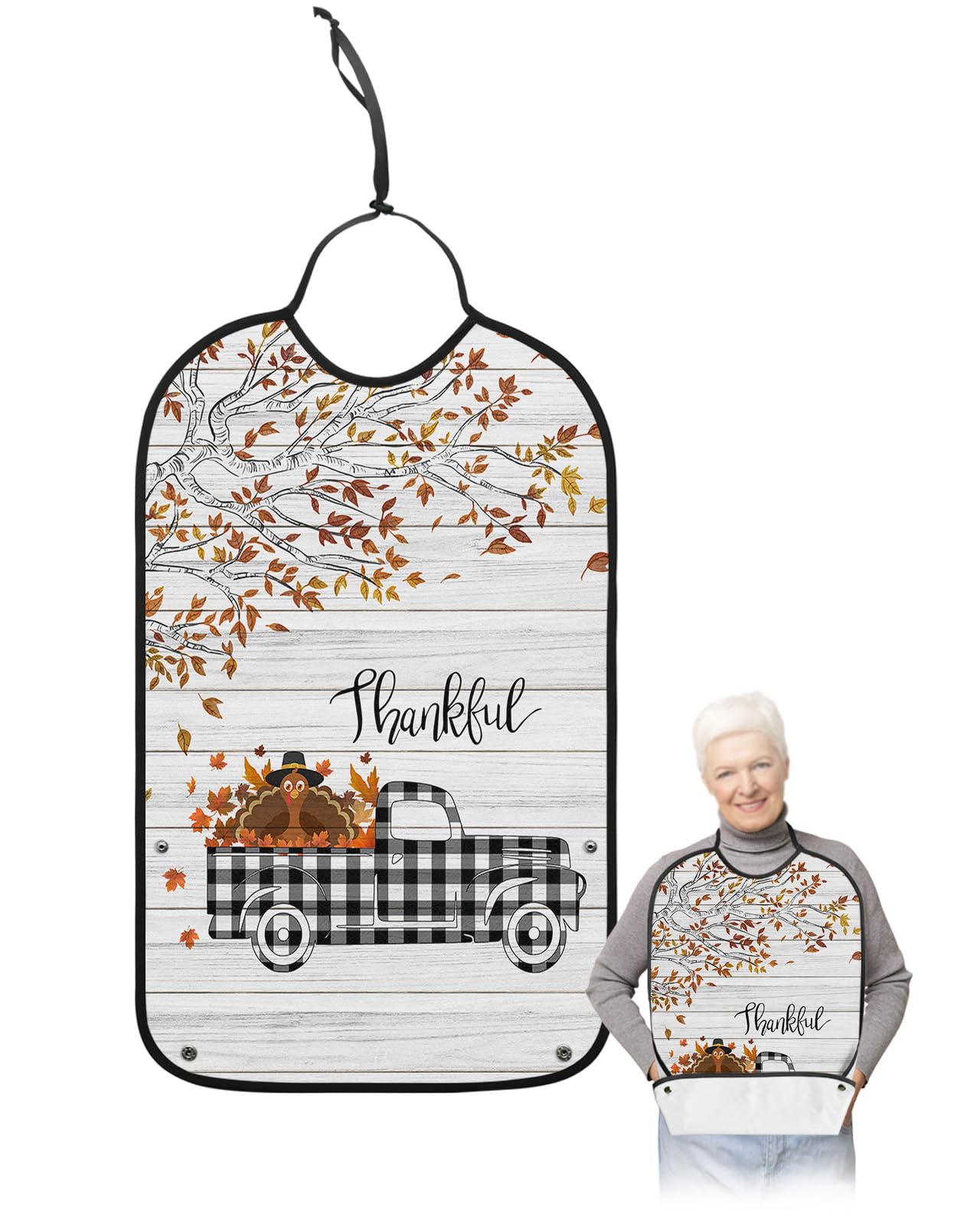 Thanksgiving Turkey Truck Adult Bibs for Eating, Waterproof Bibs with Food Catcher & Adjustable Snap Closure, Black White Plaid Fallen Leaves Wood Clothing Protectors Adult Bibs for Elderly Women/Men