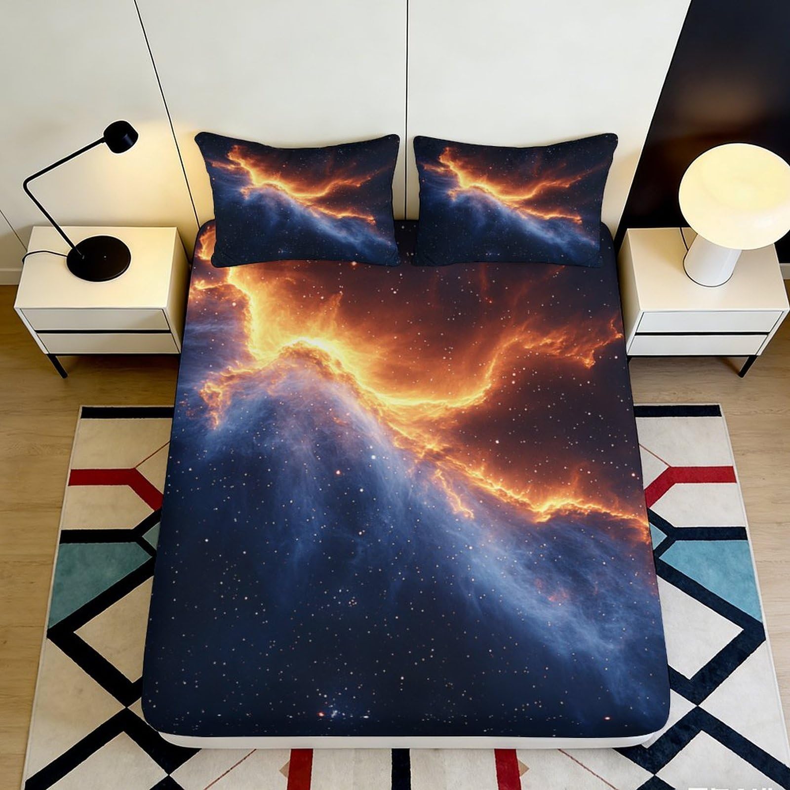 3D Printed Cosmic Fire Fitted Sheet Microfiber Soft Breathable Galaxy Nebula Bed Cover for Bedroom Dorm Decor 90x200x25cm