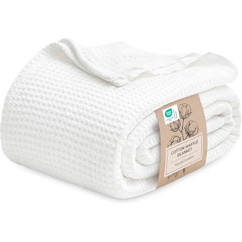 Bedsure 100% Cotton Blanket Queen Size for Bed - Cooling Breathable and Soft for Summer, Thick Cozy Waffle Weave Blanket Gifts for Women, White, 90x90 Inches