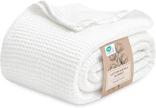 Bedsure 100% Cotton Blanket Queen Size for Bed - Cooling Breathable and Soft for Summer, Thick Cozy Waffle Weave Blanket Gifts for Women, White, 90x90 Inches