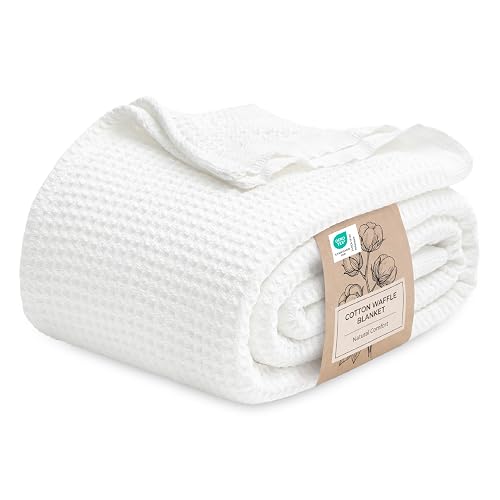 Bedsure 100% Cotton Blanket, Waffle Weave, Queen Size, White, 90"x90" | Breathable, Soft, Cozy, Thick, Waffle Texture, Fall, Summer Blanket for Bed, Gifts for Women, Machine Washable, All Seasons