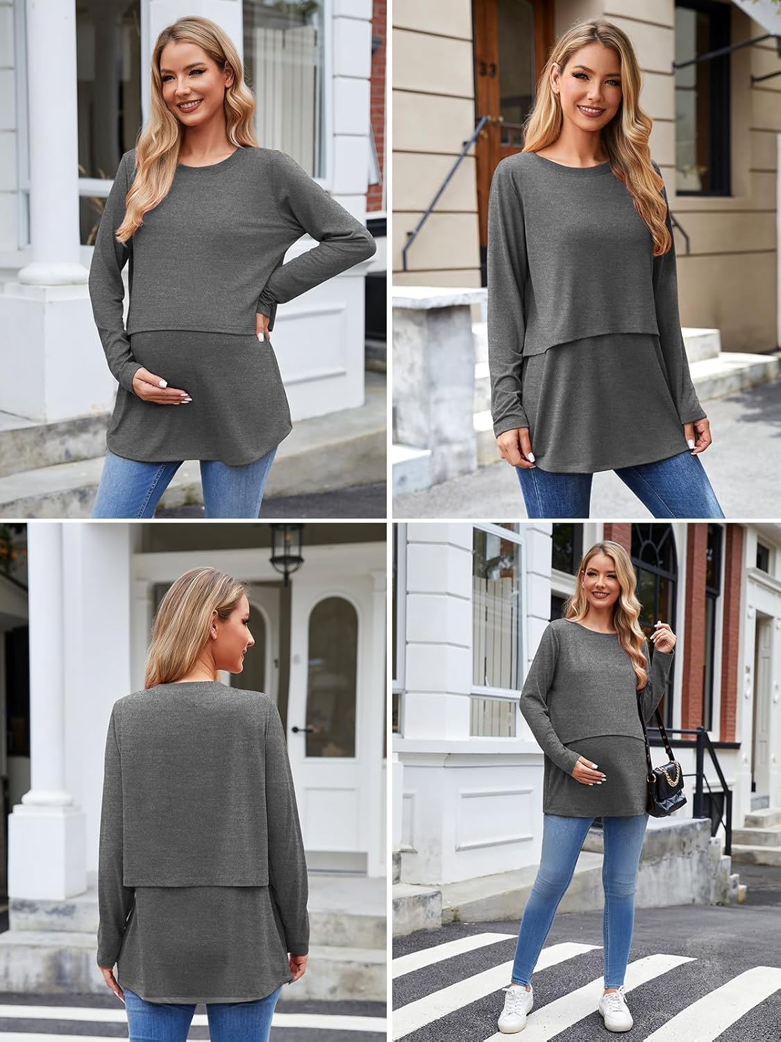 Ecavus Women's 3Pack Maternity Nursing Shirts Long Sleeve Double Layer Breastfeeding Shirts Comfy Pregnancy Clothes - Image 6