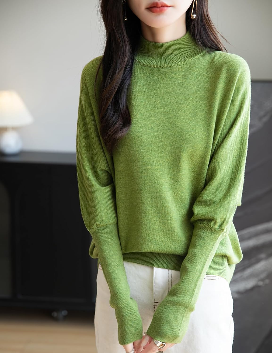 Women's Merino Wool Blend Oversized Sweater 2025 Fall Winter Fashion Mock Neck Batwing Sleeve Knit Pullover Sweater - Image 6