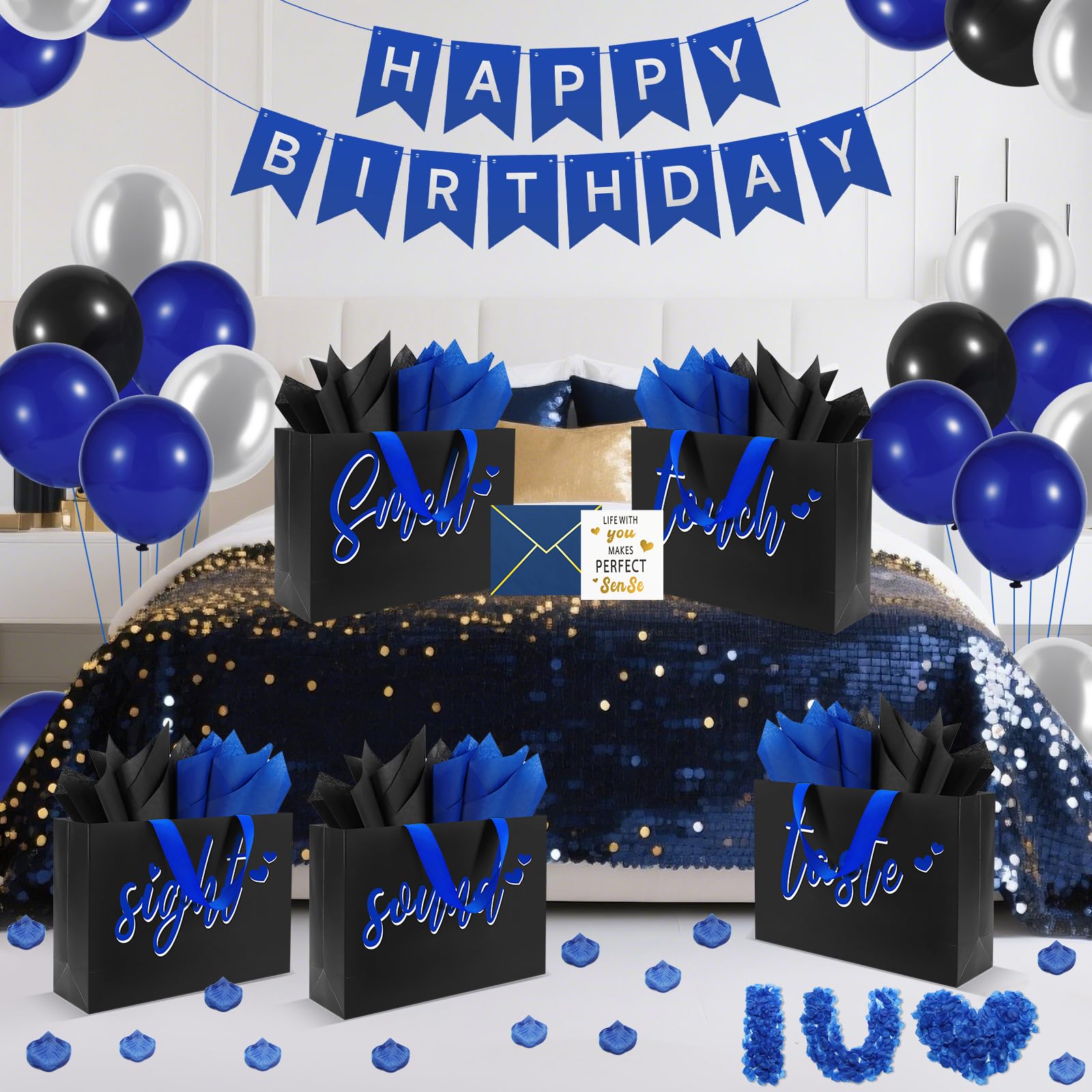 Epoesch 5 Senses Gift Bags for Him with Labels & Tissue Paper | Happy Birthday Decorations Kit with Banner, Balloons, Rose Petals, Envelope, Card for Men, Boyfriend, Husband(Black - Blue lettering)