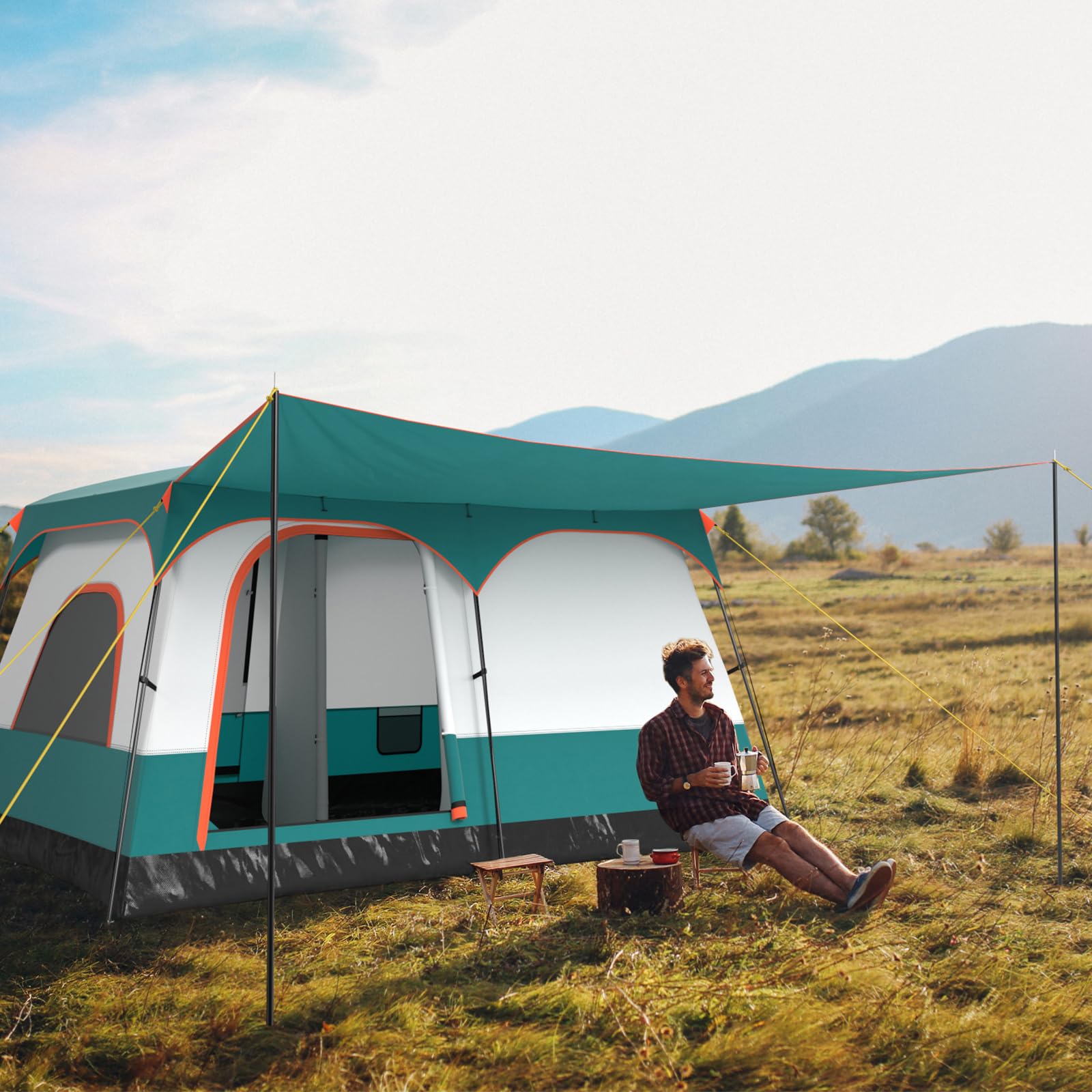 HOMASIS Tenda Campeggio con Portico e 2 Camere, Tenda Familiare da Esterno con 2 Finestre e 2 Porte, Gancio per Appendere la Lampada, Tasca Portaoggetti, Borsa da Trasporto, Grigio e Verde