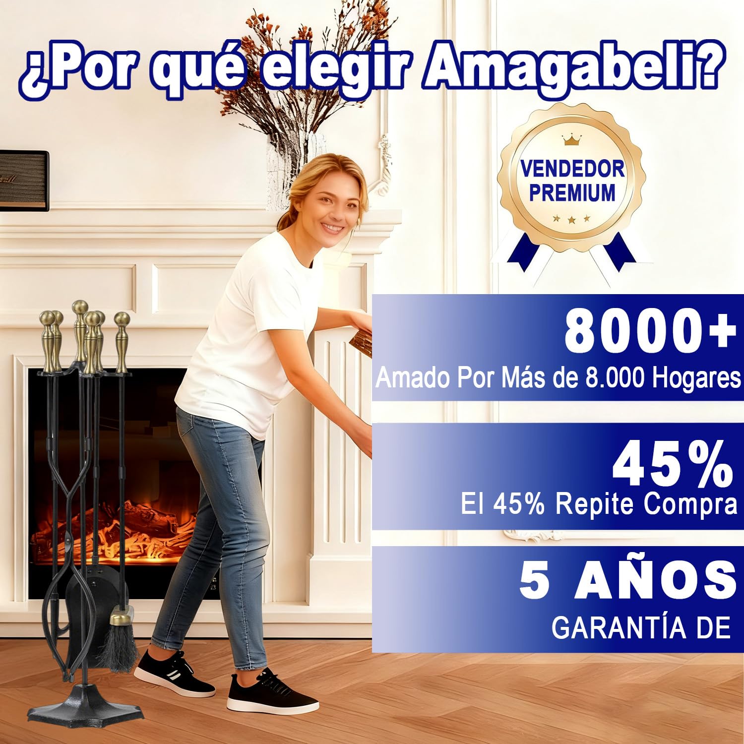 Amagabeli - Juego de 5 Herramientas para Chimenea de 26.5 Pulgadas (67.3 cm) con Asas de latón y Soporte de Hierro Forjado para Interiores y Exteriores, Soporte para fogatas, Pinzas, Pala, Cepillo,