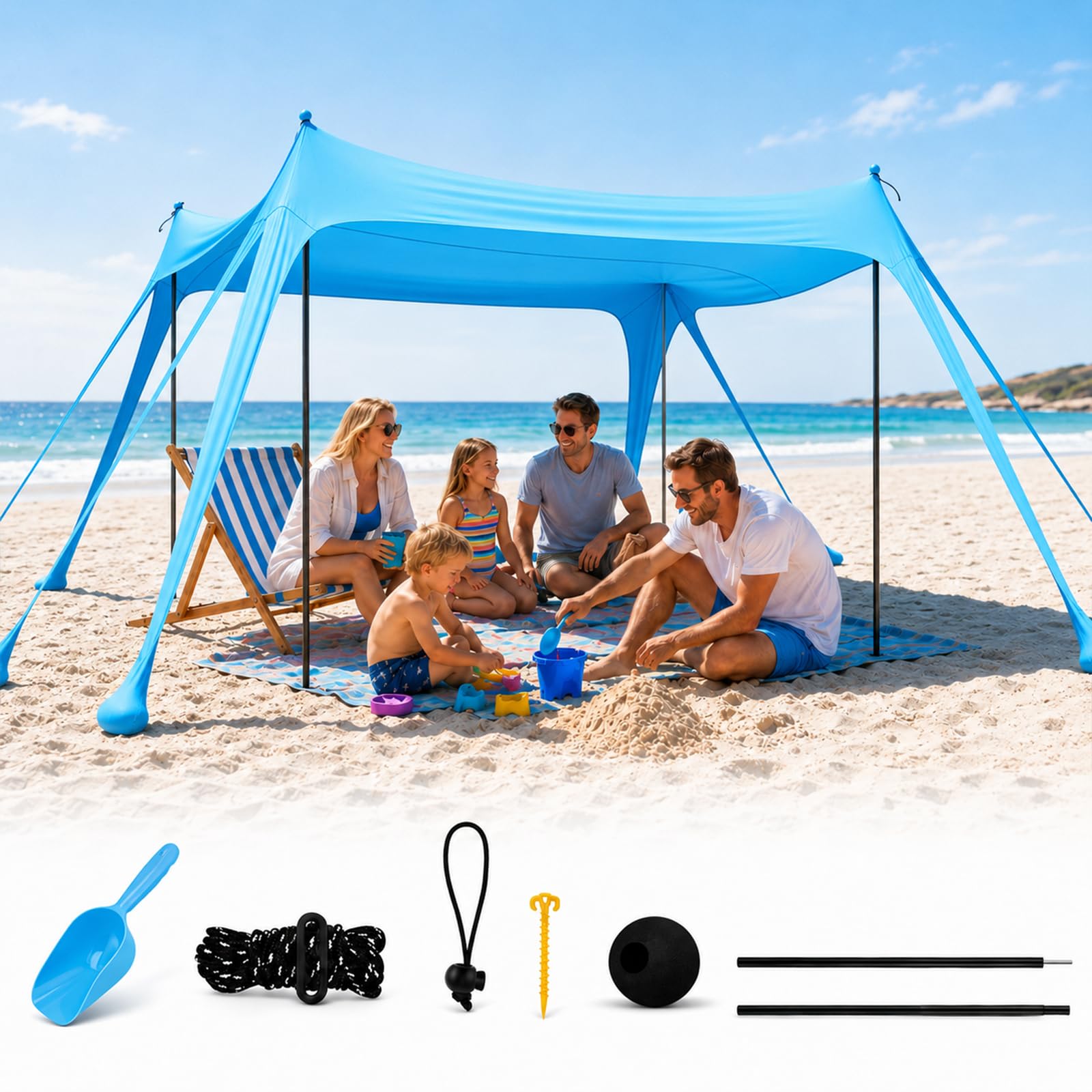 Tente de plage 3 x 3 m, protection solaire UPF50+ pour bébés et familles, montage en quelques secondes, 8 sacs de sable, maille respirante à 360°, cadre en aluminium stable, parfaite pour la plage, le