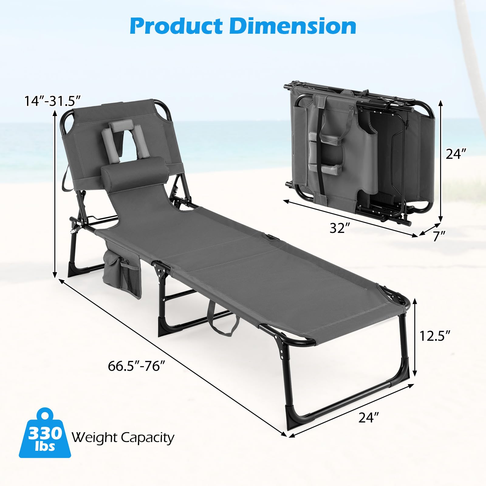 GYMAX Tanning Chair with Face Hole, Sun Bathing Lounge Chairs for Outside with Side Pocket, Folding Portable Face Down Layout Tanning Chair Beach, Backyard, Poolside, Lawn (Grey,1) - 3