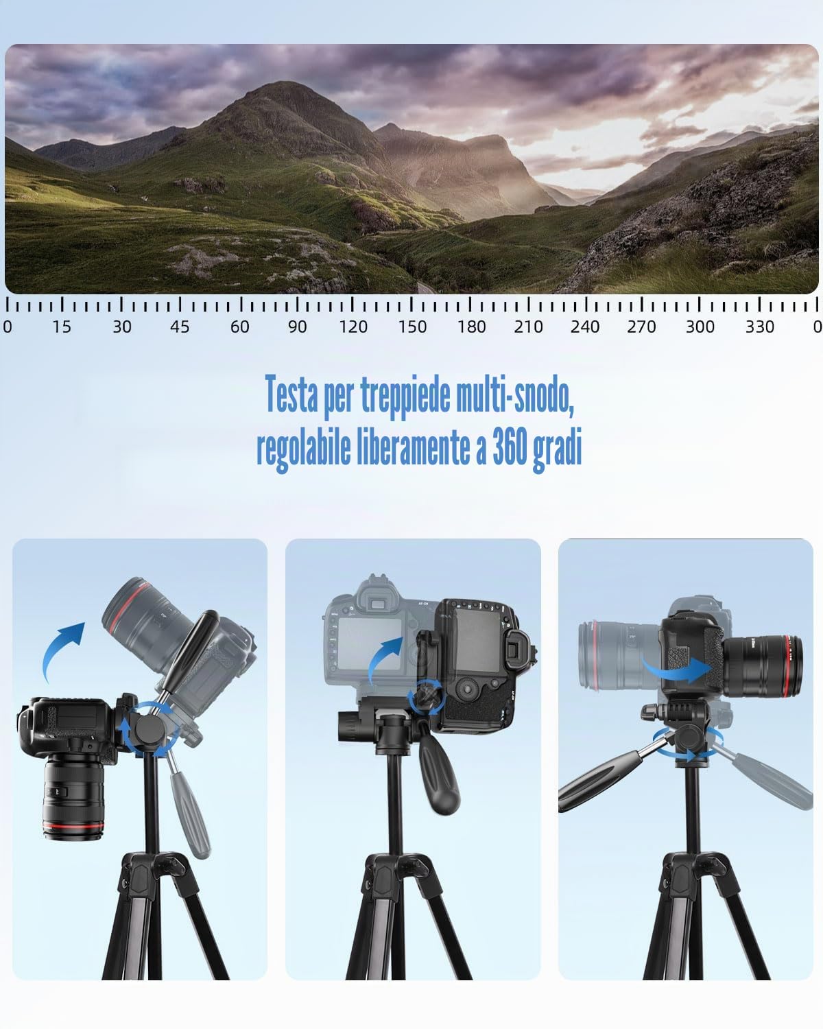 POLAM-FOTO 172 cm Treppiede leggero per smartphone, treppiede in alluminio, con testa panoramica a 3 vie e supporto per cellulare, adatto per smartphone e fotocamere DSLR, nero
