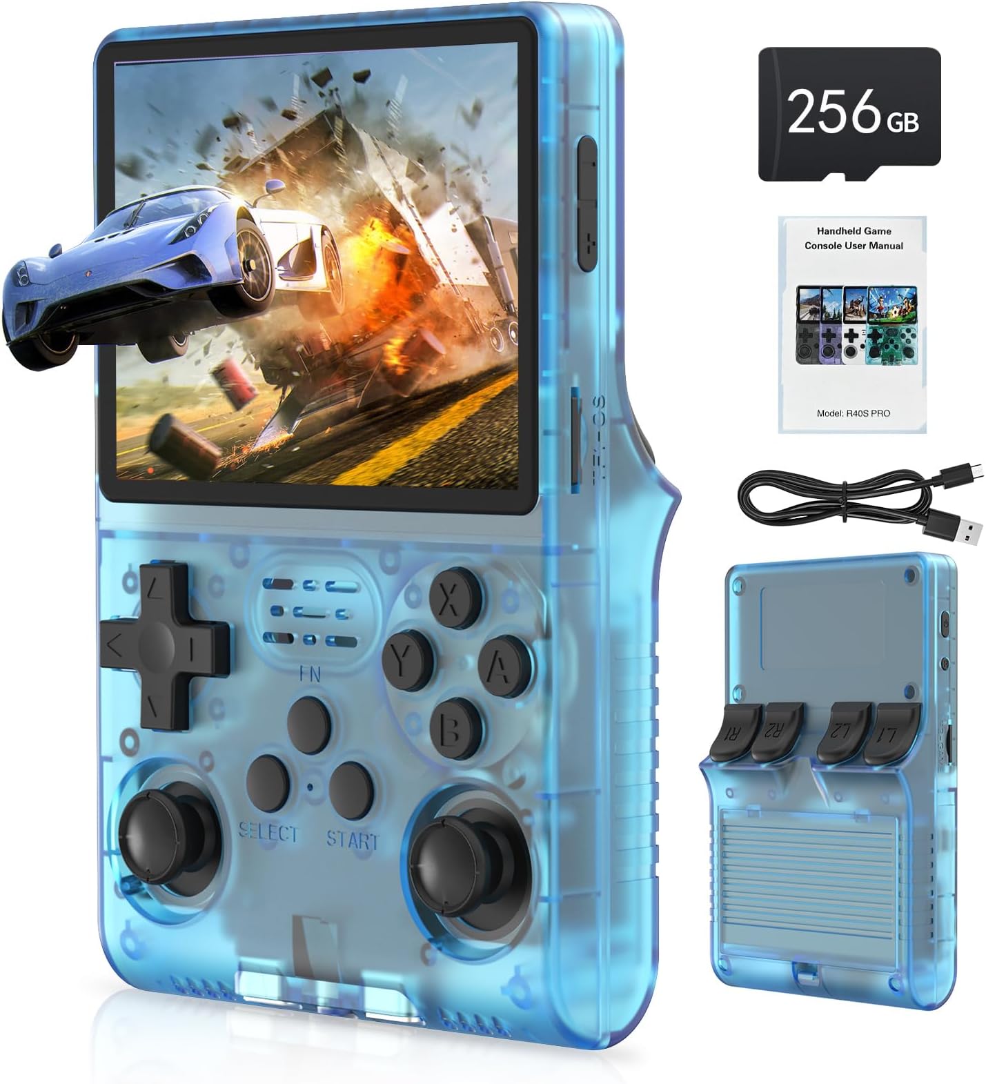 [30000 in 1] R40S PRO Handheld Game Console 3.5 inch IPS Screen Mini Retro Console 3800mAh Portable Pocket Arcade 12+ Mainstream Emulator 256G TF Card Transparent(Blue)